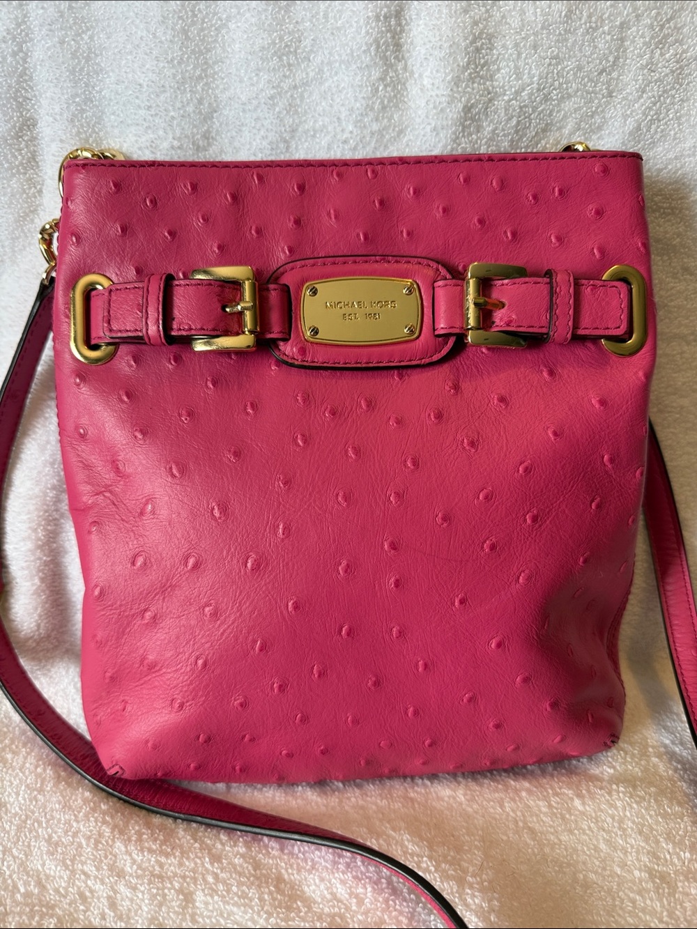 Michael Kors Hot Pink Ostrich-Embossed Crossbody with Gold Hardware
